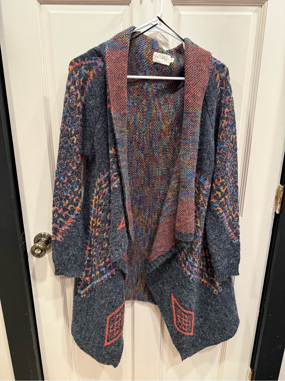 Dreamers Charcoal Gray Multicolor Open-Front Knit Cardigan